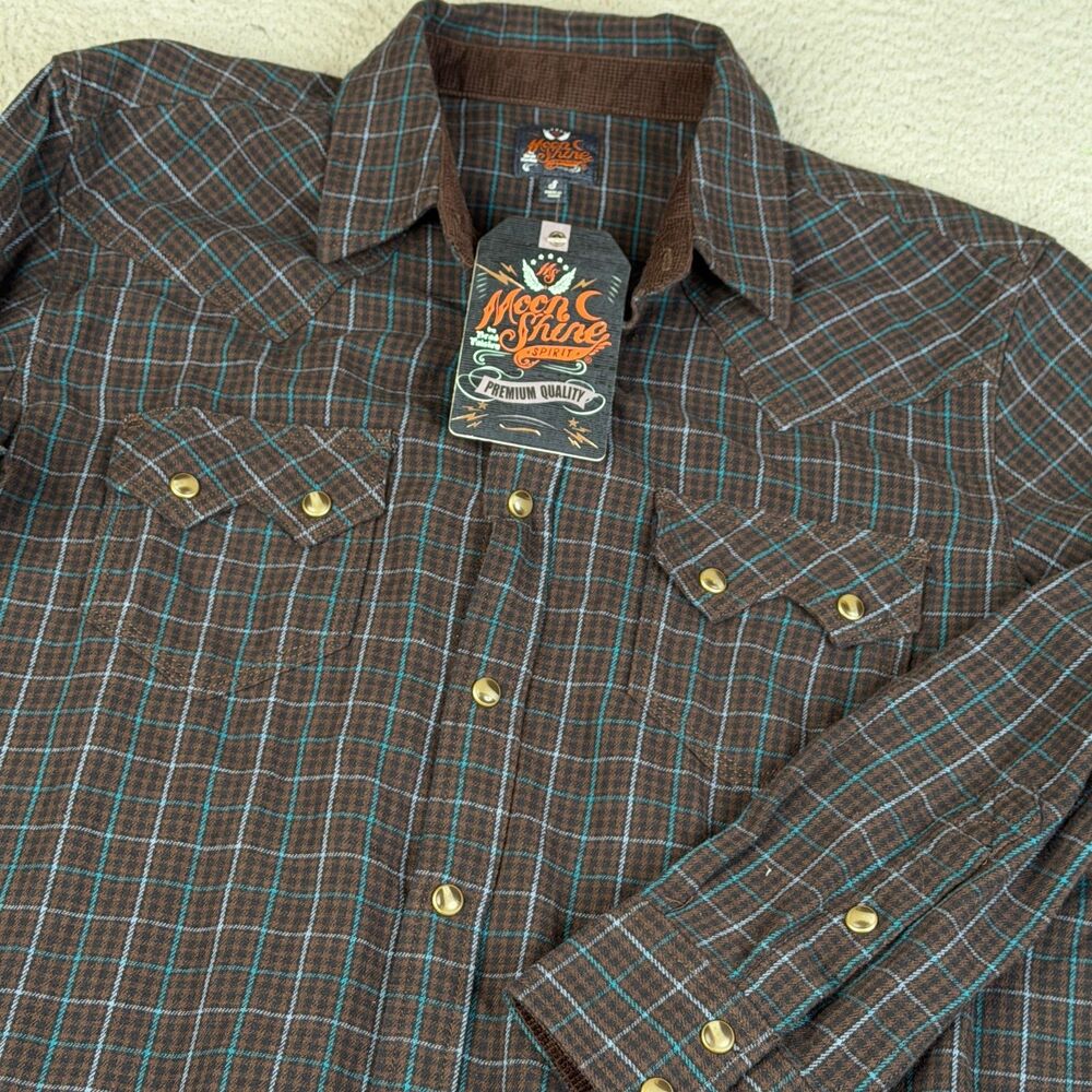 MOONSHINE SPIRIT Mens S Brad Paisley Brown Blue Plaid Flannel Pearl Snap Rodeo